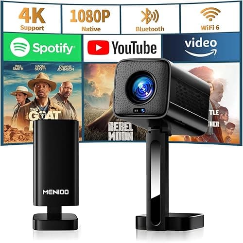 Mini Proyector 4K 1080P Full HD, 2026 Upgraded Proyector Portátil [Built-in Apps & Auto Focus] con Auto Keystone y 90° Rotable con WiFi 6 Bluetooth 5.4 con HDMI/TV Stick/USB/Laptop - Negro
