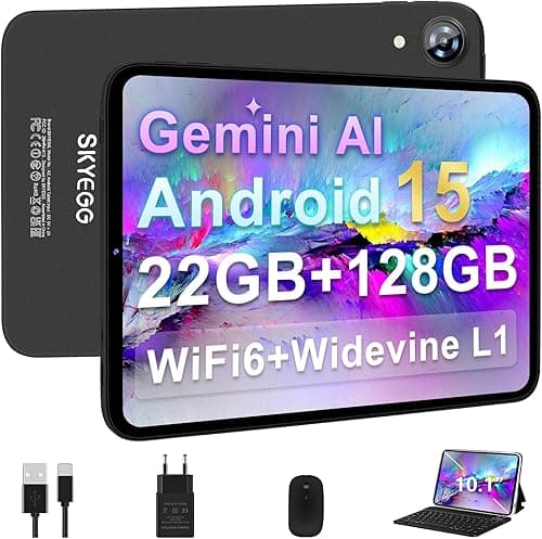 SKYEGG Tablet 10 Pulgadas Android 15 con Gemini AI, con Teclado y Ratón, 22GB RAM + 128GB ROM (Ampliable 2TB), WiFi 6, Widevine L1, Batería 6000mAh, Cuerpo Metálico – Gris