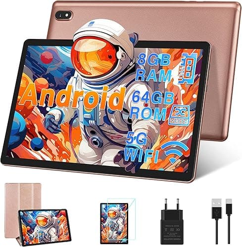 DMOAO Tablet 10 Pulgadas Android con 5G Wi-Fi, HD Tablets con 8GB RAM + 64GB ROM (Ampliable hasta 1TB), GPS, 8 Cores 2.0 GHz, Bluetooth 5.0, 1280 * 800 IPS, USB-C, 6000 mAh, Oro
